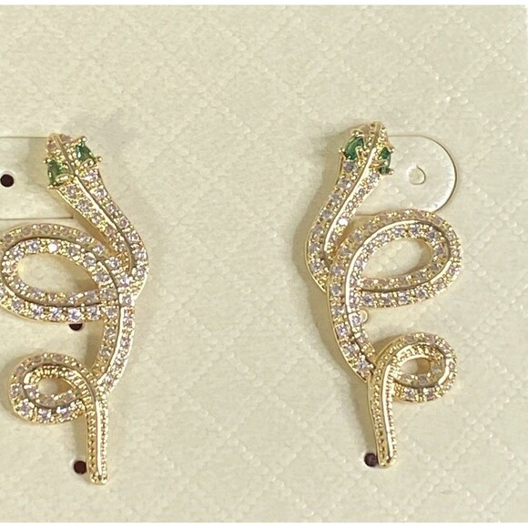 NEW In card Green & Clear Rhinestone Snake Earrings Gold Tone Pierced - Picture 1 of 4